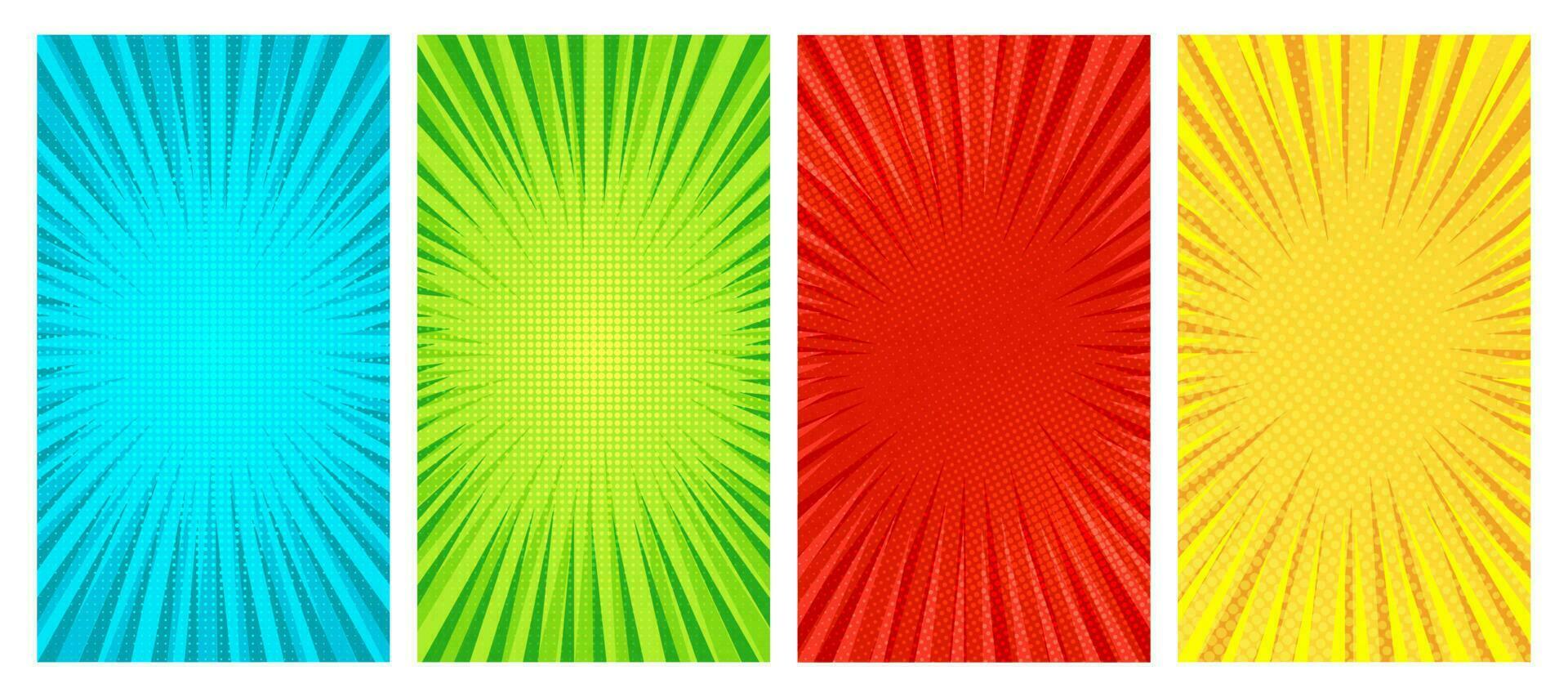 Set of four comic book pages backgrounds in pop art style with empty space. Template with rays, dots and halftone effect texture. Vector illustration