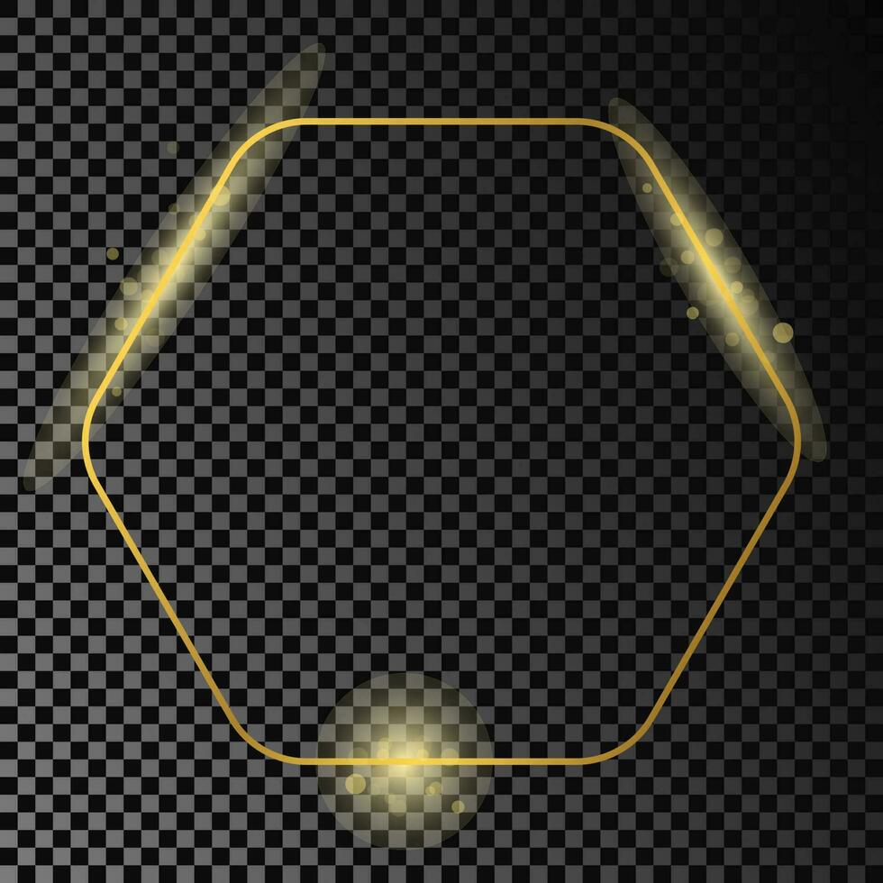 Gold glowing rounded hexagon frame isolated on dark background. Shiny frame with glowing effects. Vector illustration.