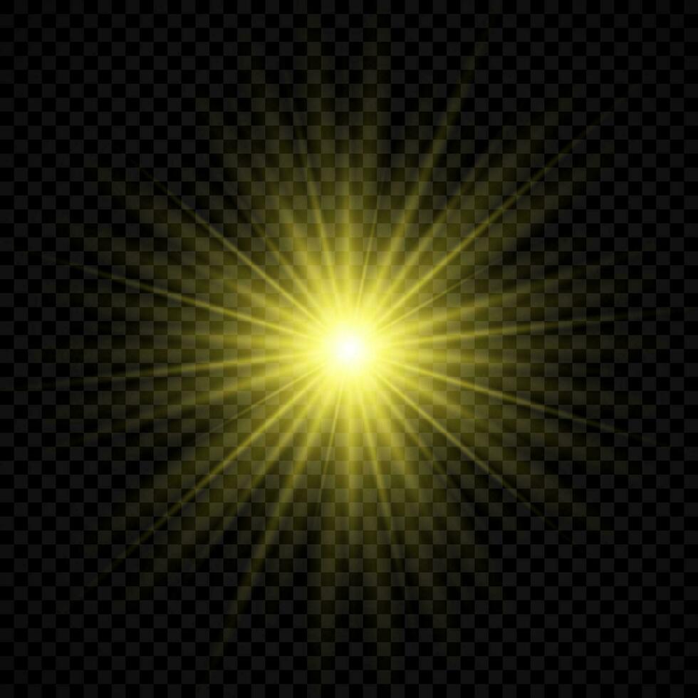 Light effect of lens flares. Yellow glowing lights starburst effects with sparkles vector