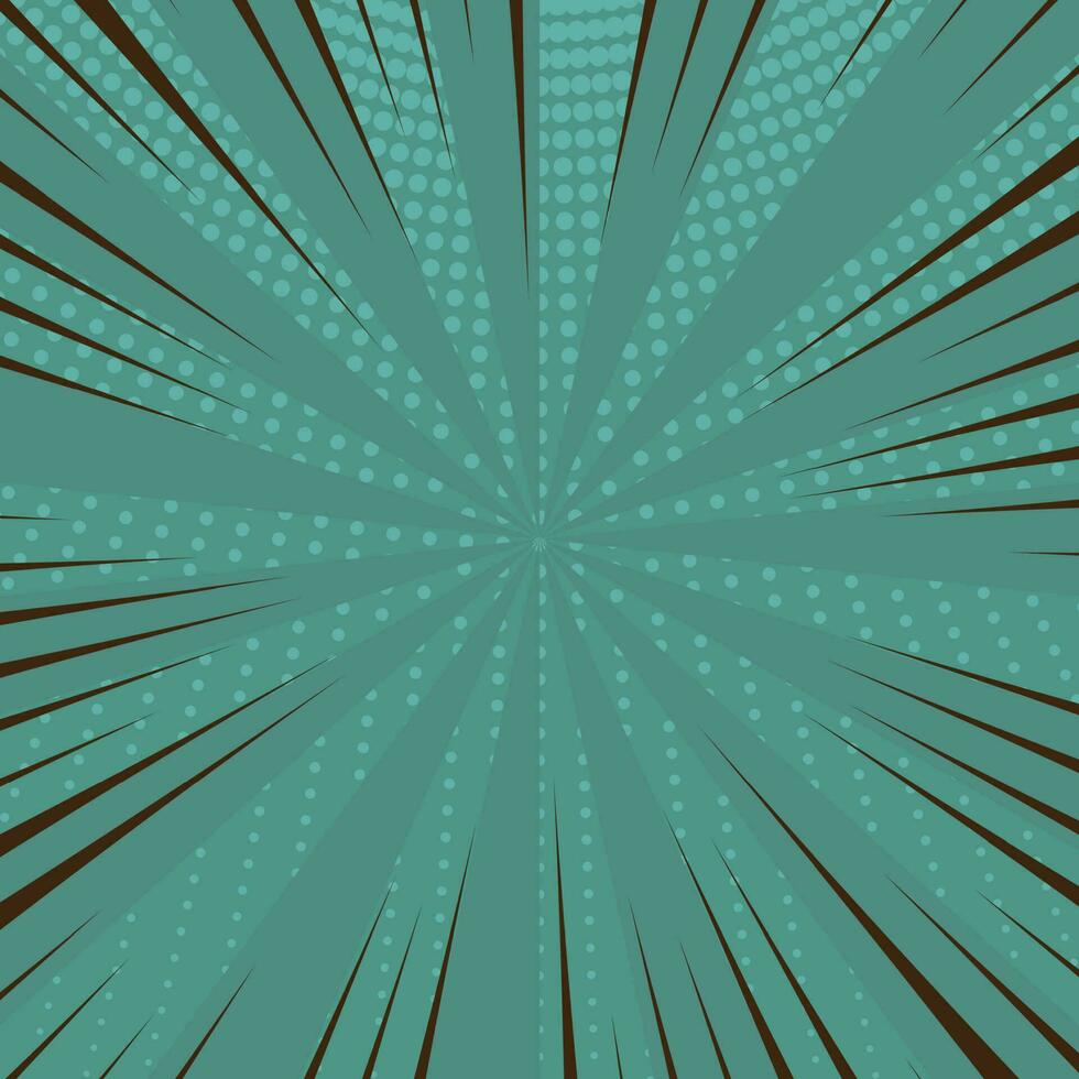 Green comic book page background in pop art style with empty space. Template with rays, dots and halftone effect texture. Vector illustration