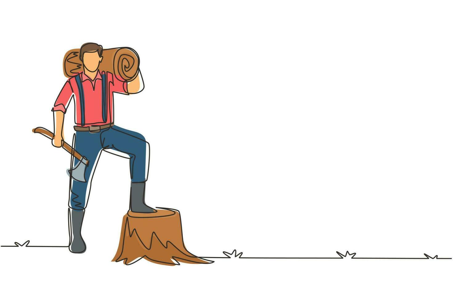 Single one line drawing lumberjack or woodcutter holding timber and axe. Wooden materials manufacturing, standing with axe, posing with one foot on tree stump. Continuous line draw design illustration vector
