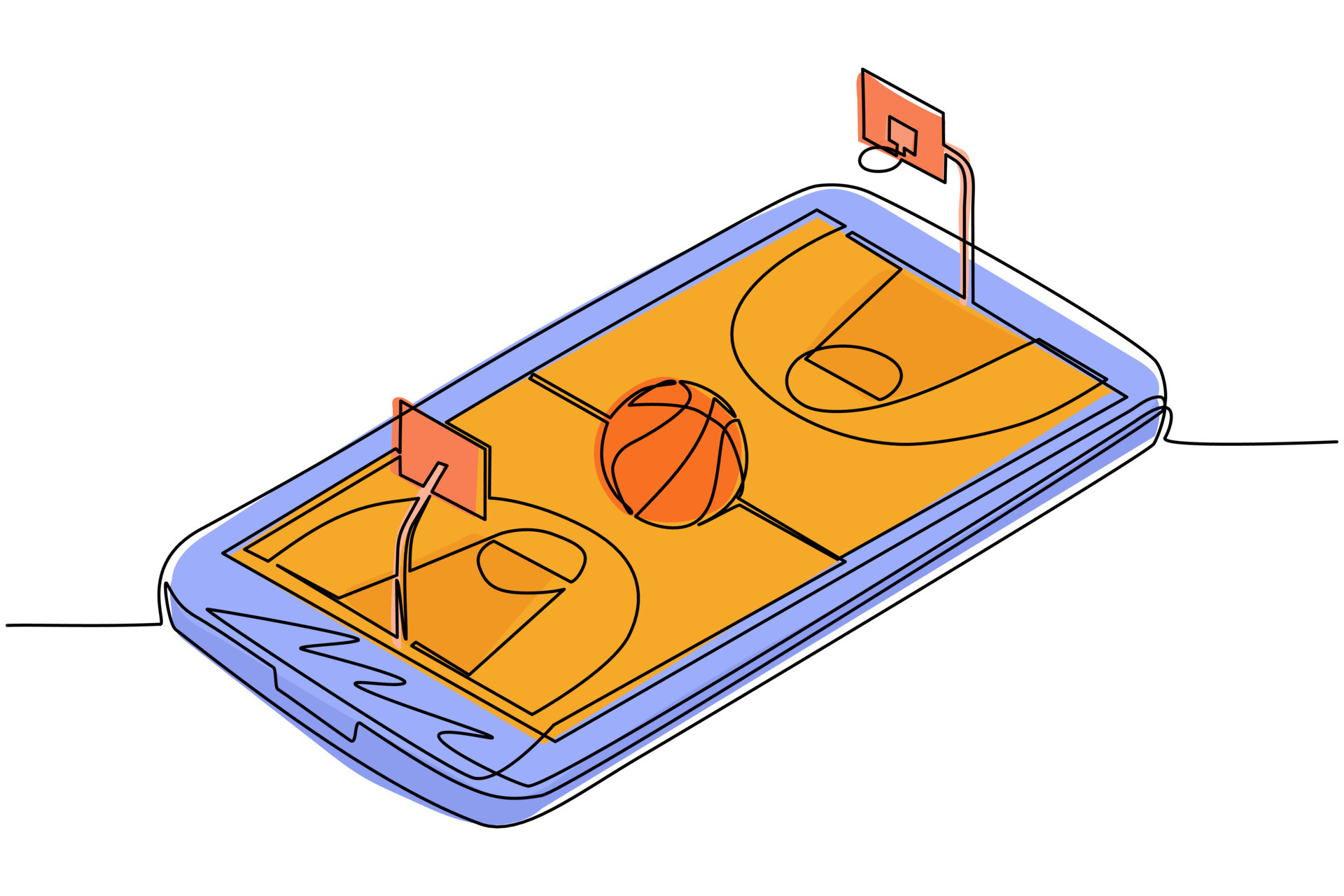 Continuous one line drawing basketball online concept. Isometric basketball field, ball and indicator board placed on smartphone screen