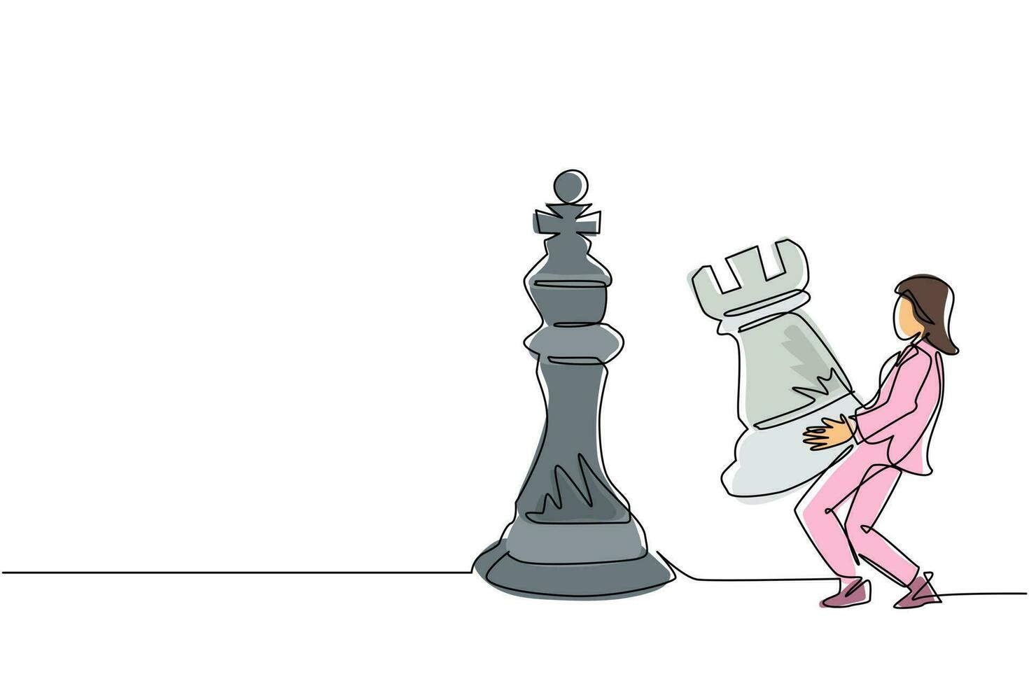 Single one line drawing businesswoman holding rook chess piece to beat king chess. Strategic planning, business development strategy, tactics in entrepreneurship. Continuous line draw design vector