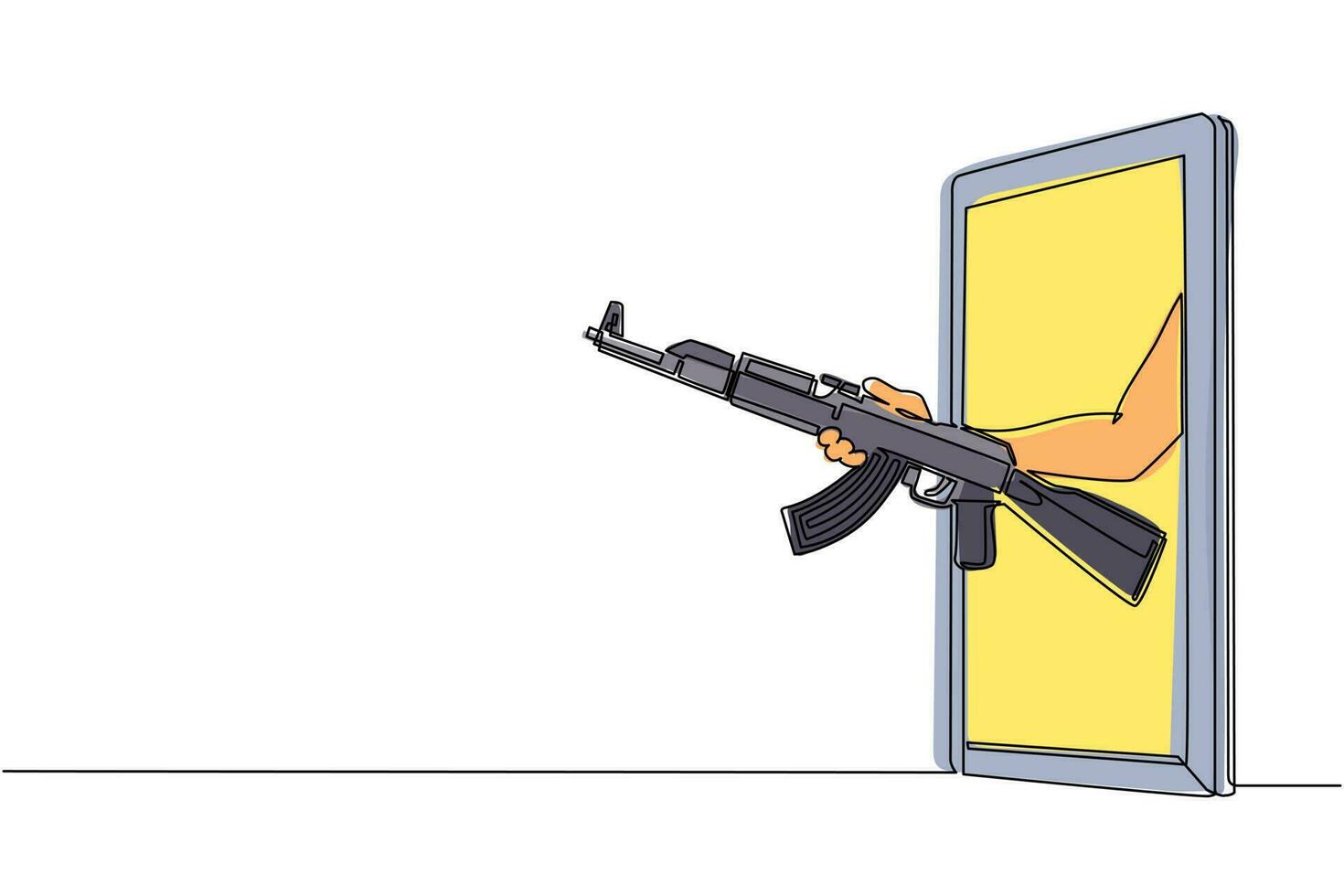 mano de dibujo de una sola línea sosteniendo un rifle de asalto kalashnikov ak 47 a través del teléfono móvil. concepto de videojuegos de batalla, e-sport, aplicación de entretenimiento para smartphones. vector de diseño de dibujo de línea continua