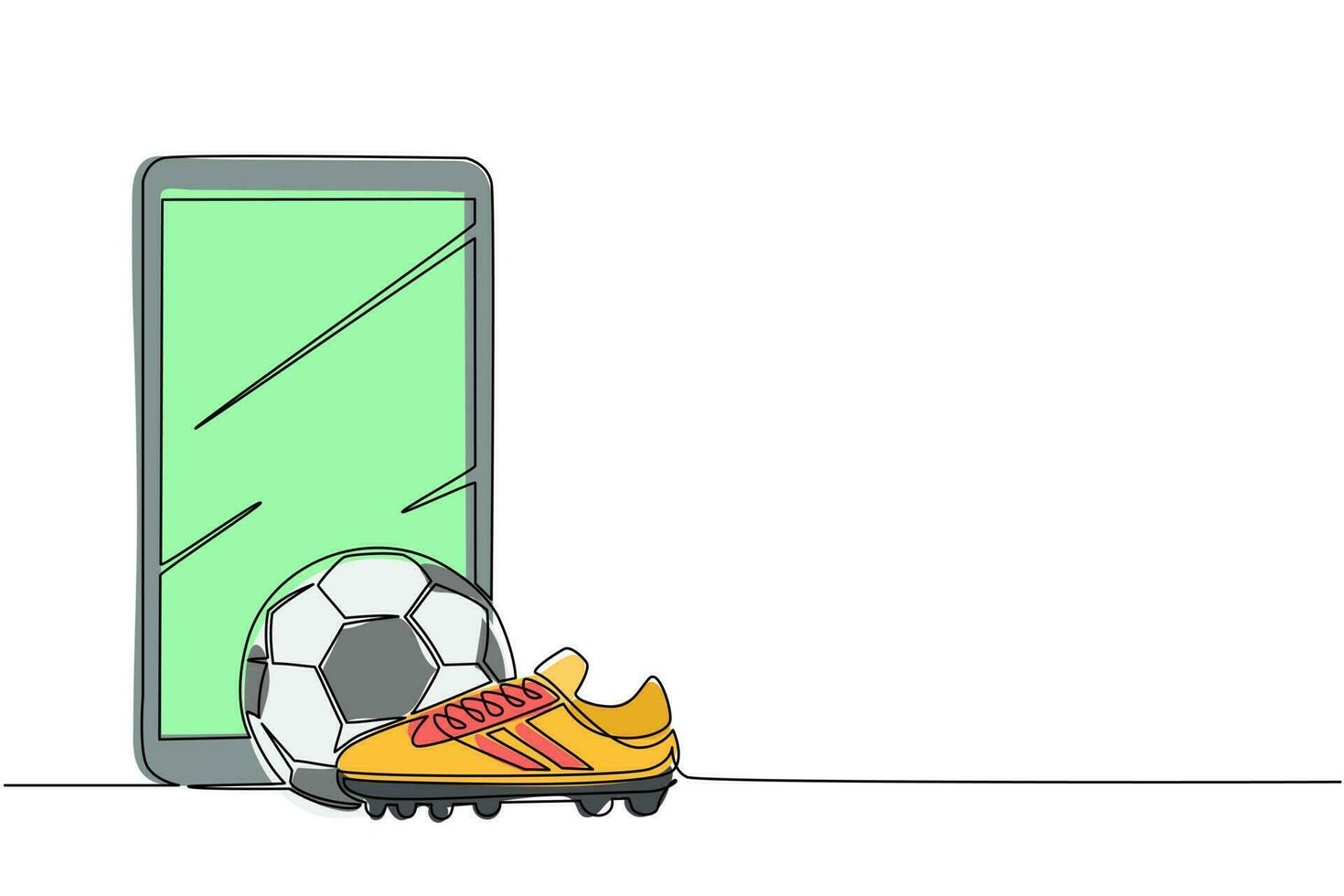 Single continuous line drawing smartphone and football shoes and soccer ball. Football icon. Soccer ball boots. Sport inventory. Online football games