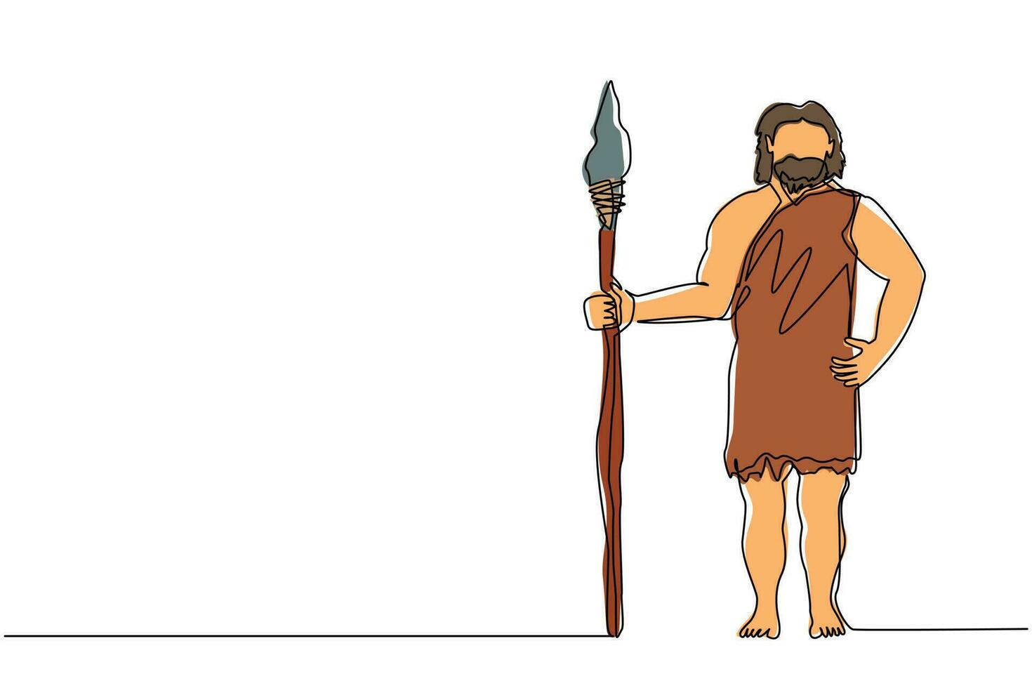 Continuous one line drawing primitive archaic man wearing clothes made of animal skin and holding spear. Early human, caveman, warrior or hunter from stone age. Single line draw design vector graphic