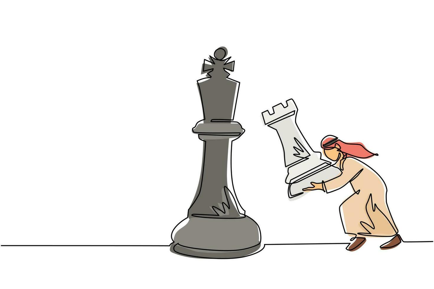 Single continuous line drawing Arab businessman holding rook chess piece to beat king chess. Strategic planning, business development strategy, tactics in entrepreneurship. One line draw design vector