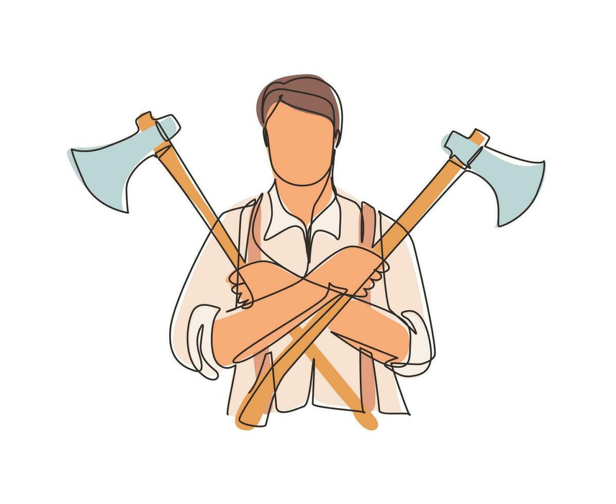 Single continuous line drawing lumberjack holding two axes crossed. Crossed axes, crossed firefighter axe, fireman axe, Hatchet for carpentry tools. One line draw graphic design vector illustration