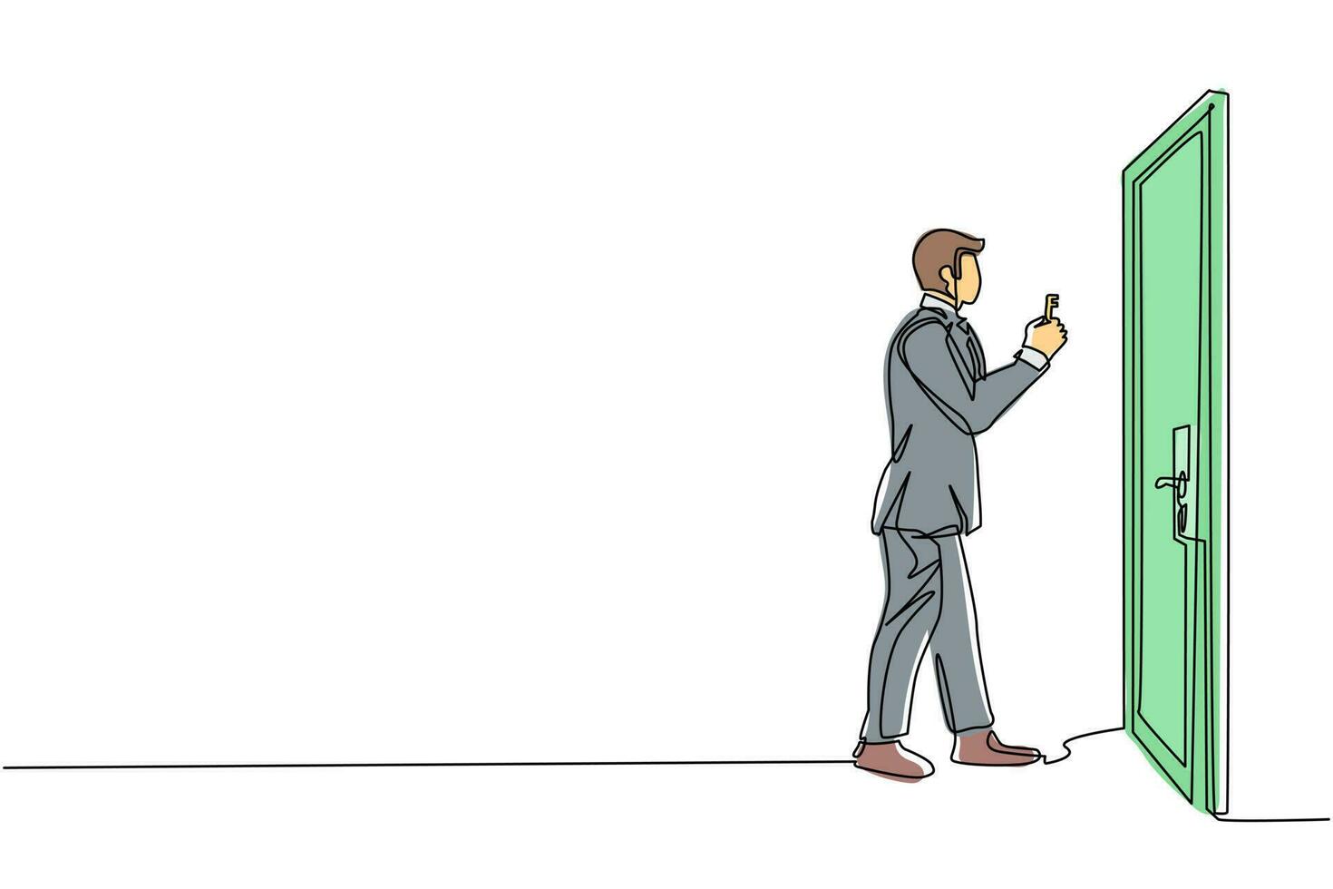 Continuous one line drawing businessman lifts key in front of door. Man holding key to open office room door. Starting morning with spirit to work. Single line draw design vector graphic illustration
