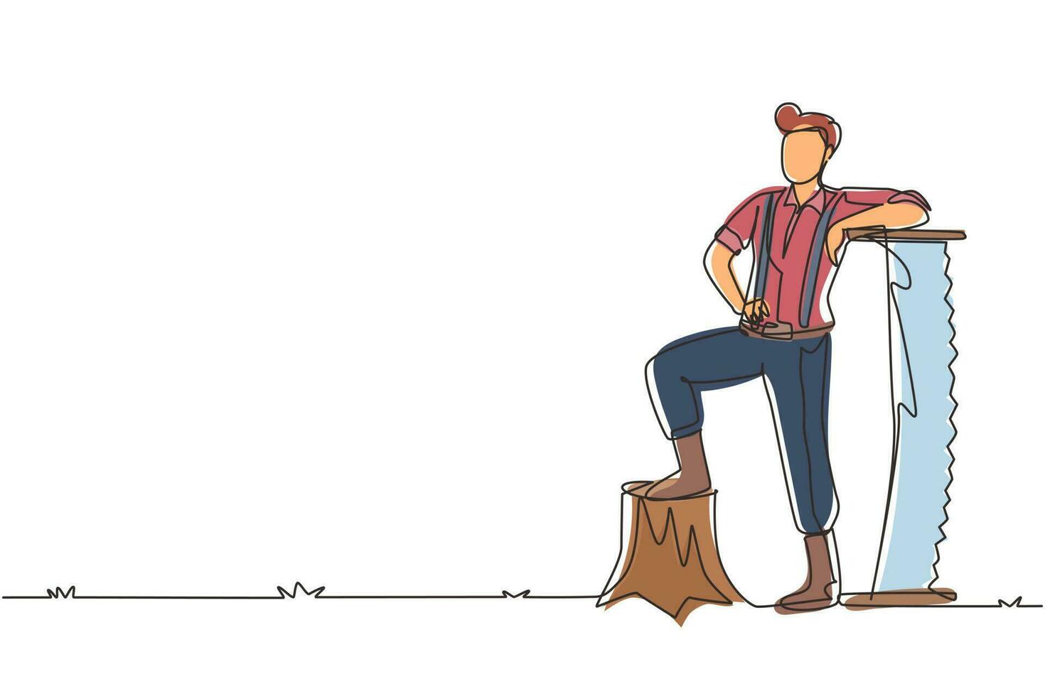 Single continuous line drawing smiling lumberjack man wearing suspender shirt, standing with steel two man saw, posing with one foot on a tree stump. One line draw graphic design vector illustration