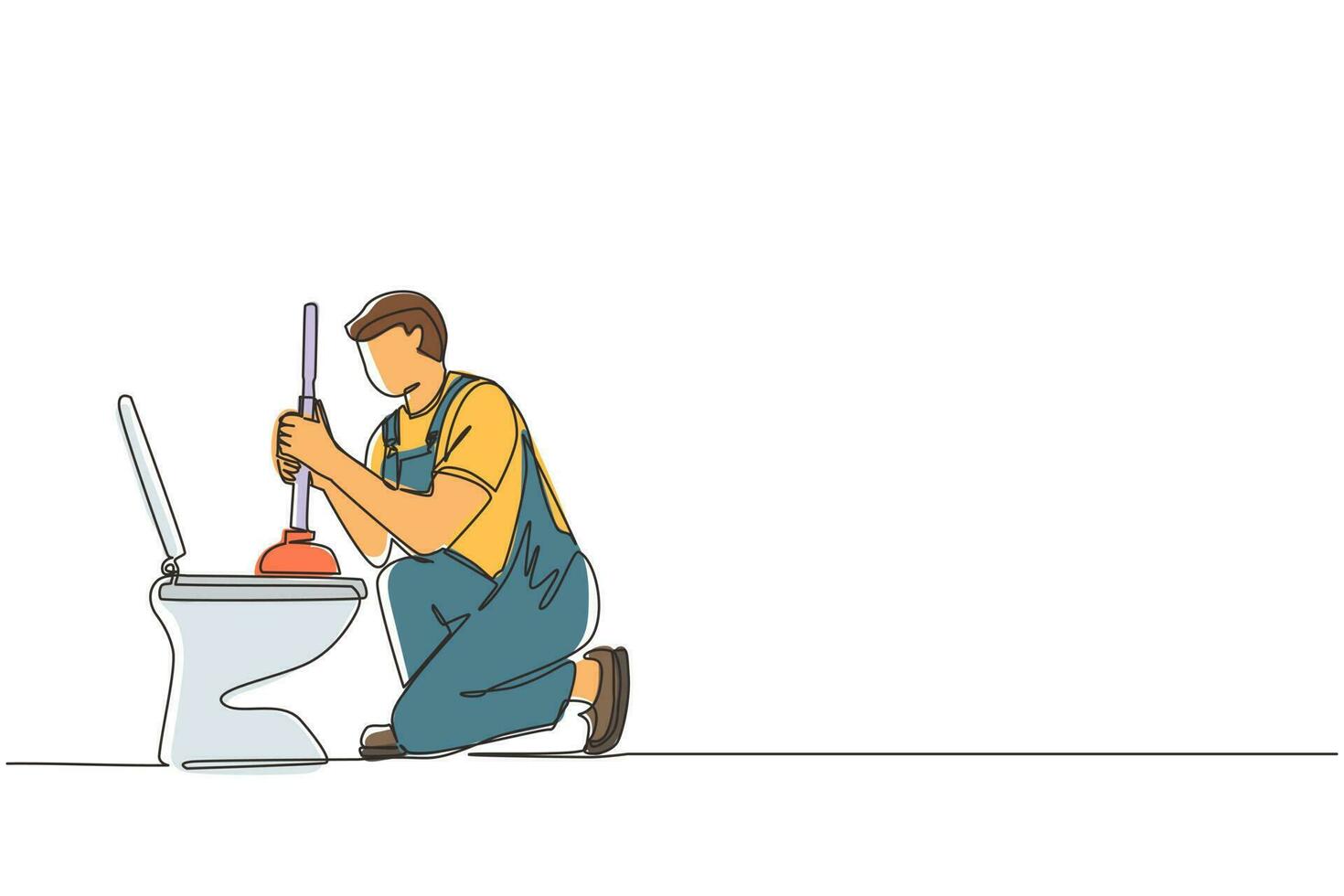 Single one line drawing toilet cleaning, plumbing service. Plumbing toilet leakage or clogging, plumber repair tools. Sewage system. Toilet bowl and sewer. Continuous line draw design graphic vector