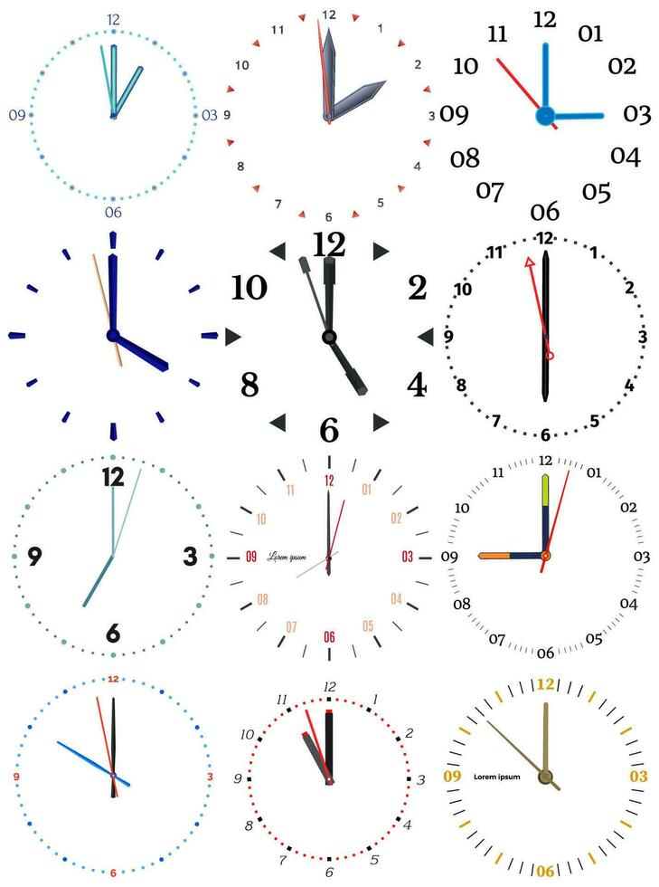 A set of different mechanical clocks with an image of each of the twelve hours. Clock face on white background. vector