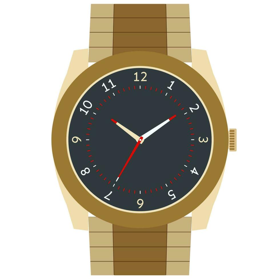Classic design mechanical wristwatch isolated on white background. Clock face with hour, minute and second hands. Vector illustration.