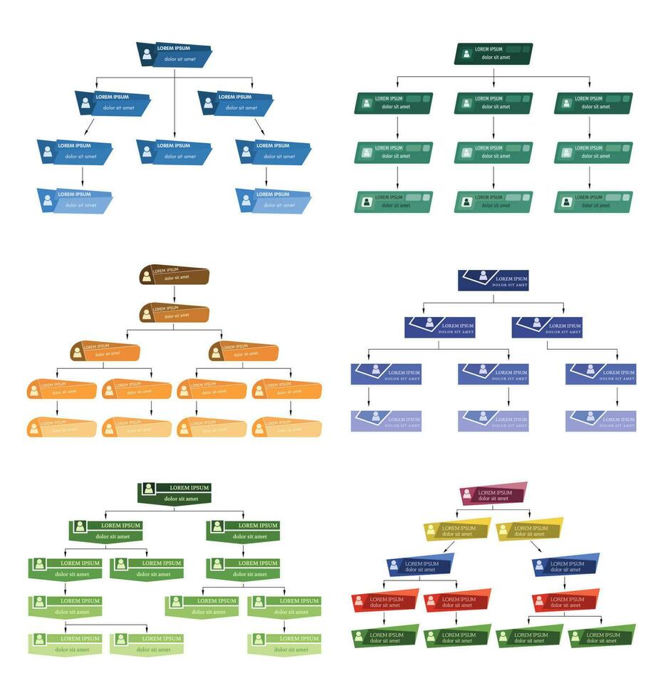 conjunto de seis vistoso negocio estructura concepto, corporativo organización gráfico esquema con personas iconos vector ilustración.