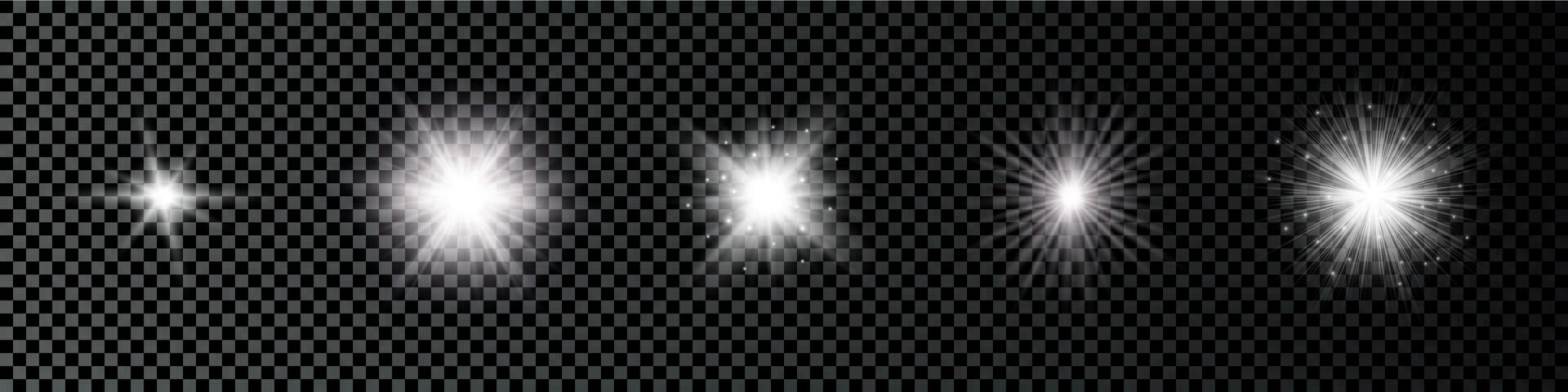 Light effect of lens flares. Set of five white glowing lights starburst effects with sparkles on a dark vector