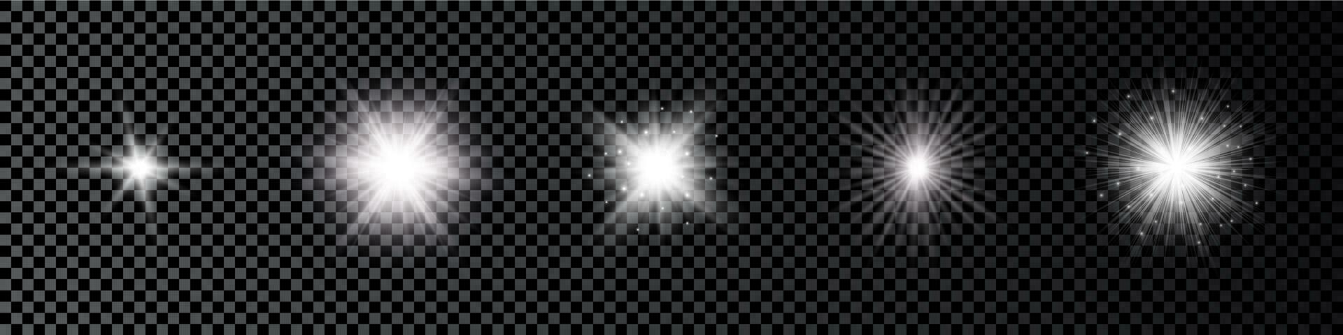 Light effect of lens flares. Set of five white glowing lights starburst effects with sparkles on a dark vector