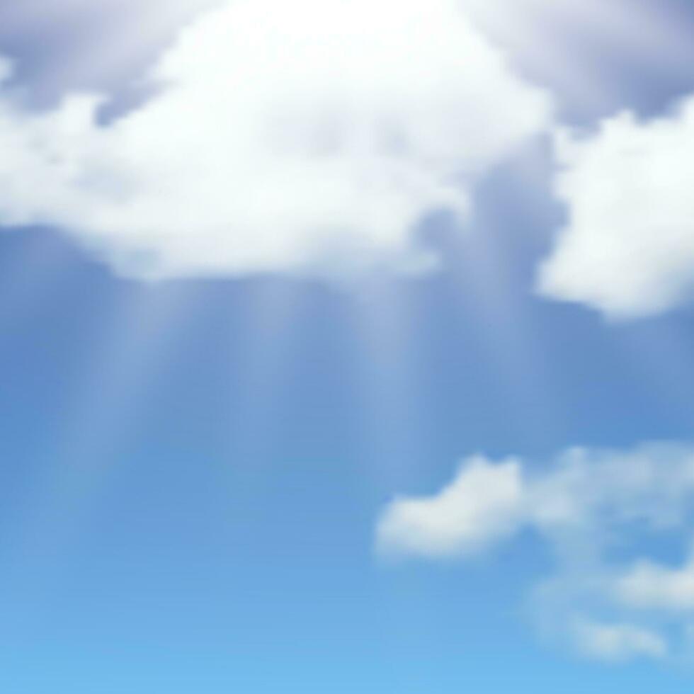 Natural background with clouds and sun on blue sky. Realistic cloud on blue backdrop. Vector illustration