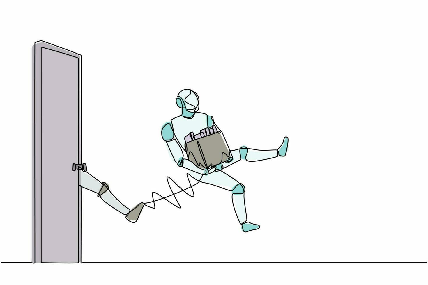 Continuous one line drawing robots get kicked out of door. Dismissed from job. Humanoid robot cybernetic organism. Future robotics development concept. Single line graphic design vector illustration