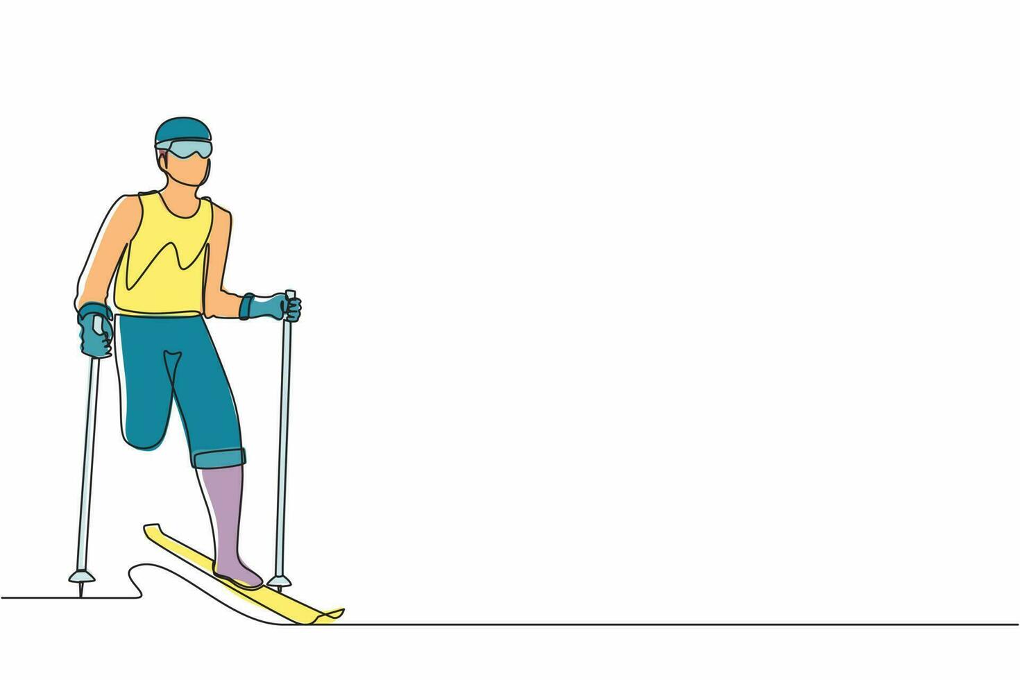 Single one line drawing male athlete skier without legs skiing in snow.  sportsman with skis and poles in glasses in winter. Sport, tournament. Continuous line draw design vector illustration