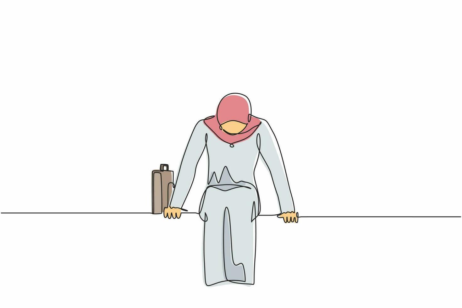 Continuous one line drawing sad Arabian businesswoman sits at bench