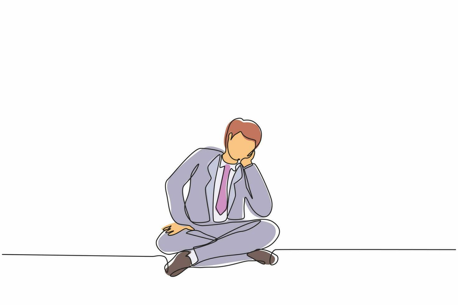 Continuous one line drawing businessman who is asking questions or is confused because he gets into problem. Running out of ideas, daydreaming, sad, depressed. Single line draw design vector graphic