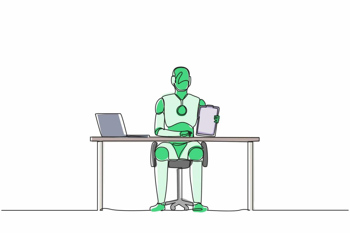 Continuous one line drawing robots sitting near office desk and showing clipboard. Humanoid robot cybernetic organism. Future robotics development concept. Single line draw design vector illustration