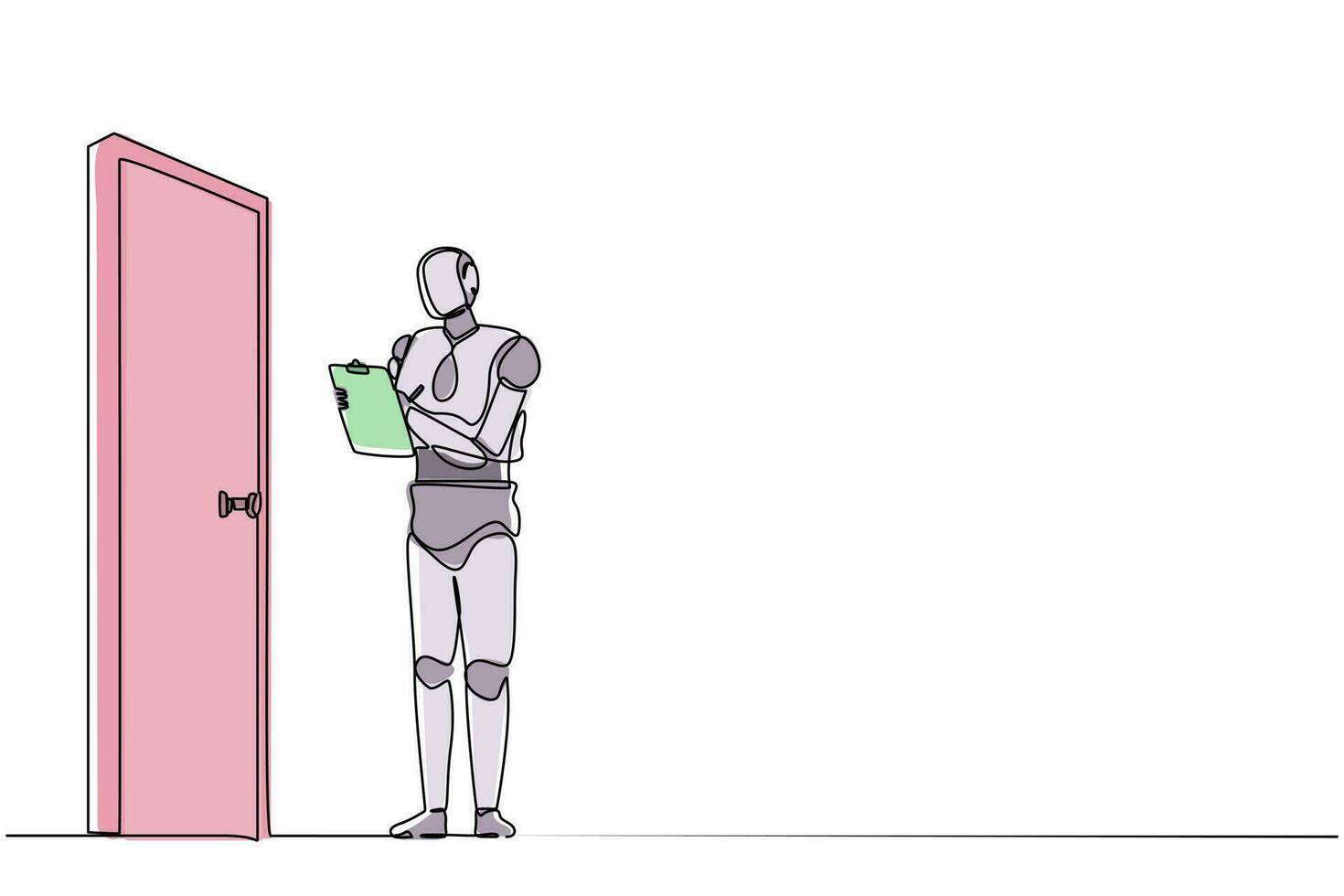 robots de dibujo continuos de una línea parados frente a la puerta y escribiendo en el portapapeles. organismo cibernético robot humanoide. futuro concepto de desarrollo de robótica. gráfico vectorial de diseño de dibujo de una sola línea vector