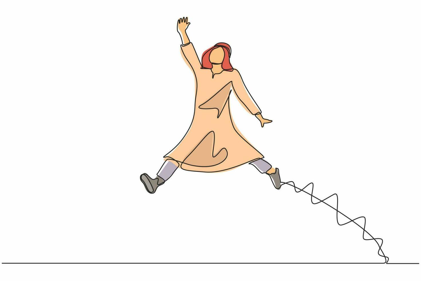 dibujo continuo de una línea feliz hombre de negocios árabe saltando con ambas piernas y levanta una mano. el vendedor celebra el aumento salarial de la empresa. ilustración gráfica de vector de diseño de línea única