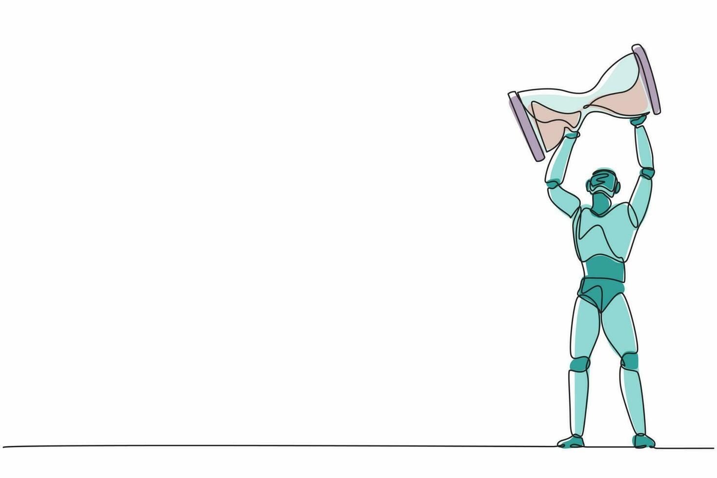 Single continuous line drawing robots lifting up giant hourglass. Modern robotics artificial intelligence technology. Electronic technology industry. One line draw graphic design vector illustration