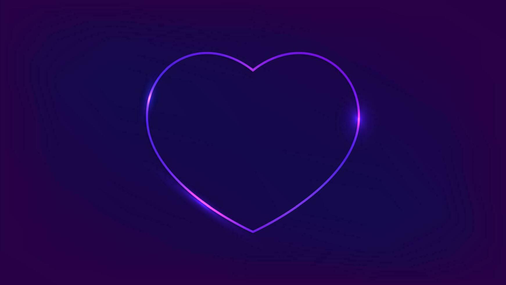 Neon frame in heart form with shining effects on dark background. Empty glowing techno backdrop. Vector illustration.