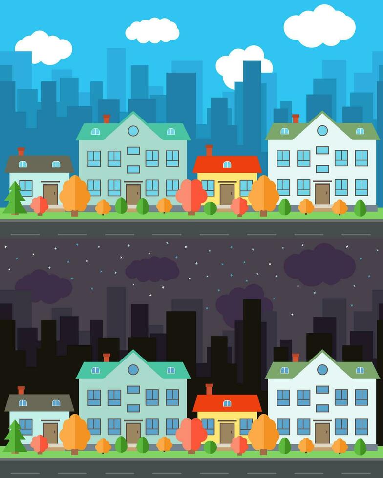 Vector city with four cartoon houses and buildings in the day and night.Summer urban landscape. Street view with cityscape on a background