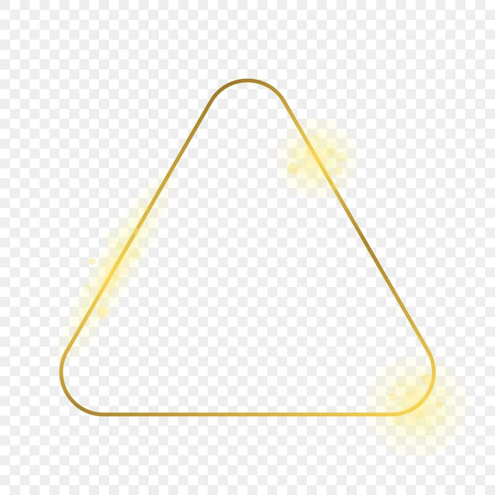 Gold glowing rounded triangle frame isolated on background. Shiny frame with glowing effects. Vector illustration.