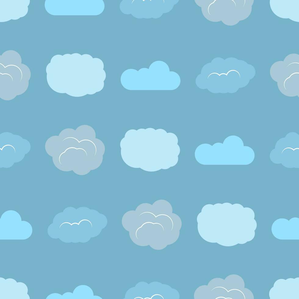 Seamless pattern with clouds on blue sky. Cute endless cloudscape. Vector illustration.