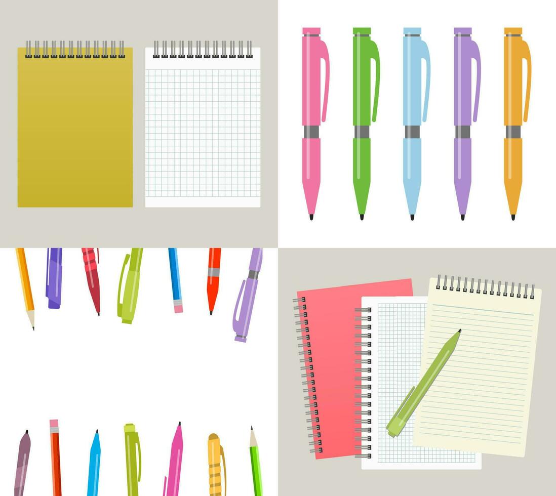 conjunto de cuatro vector ilustración con cuadernos, plumas y Lápices
