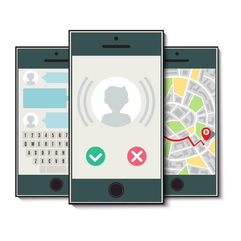 Set of three mobile phones. Mobile phone with incoming call, map of the city and chat. Vector illustration