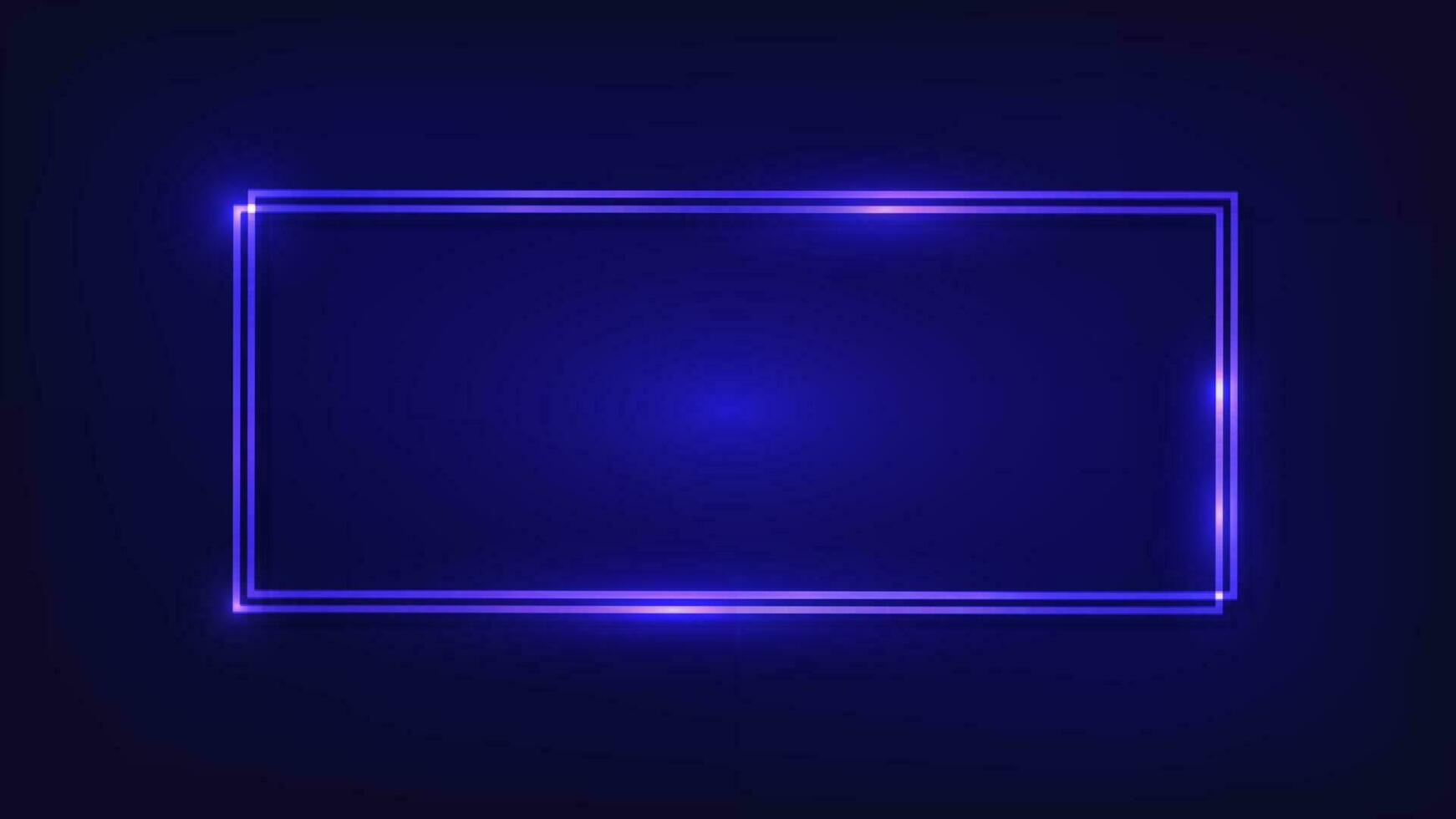 Neon double rectangular frame with shining effects on dark background. Empty glowing techno backdrop. Vector illustration.