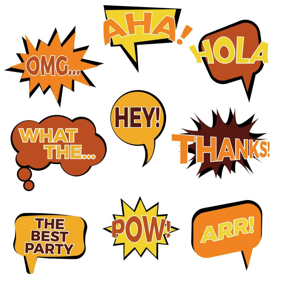 Set of nine cartoon comic balloon speech bubbles in flat style. Elements of design comic books with different phrases. Vector illustration