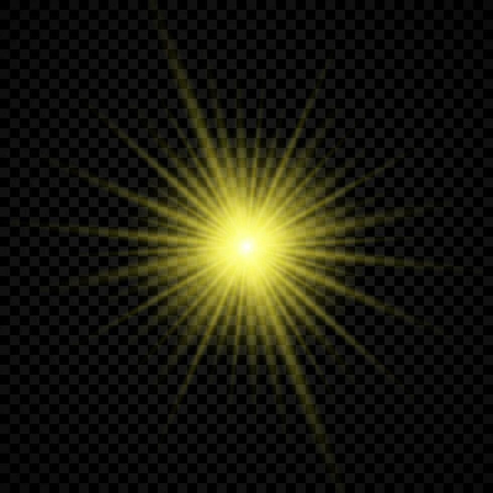 Light effect of lens flares. Yellow glowing lights starburst effects with sparkles vector