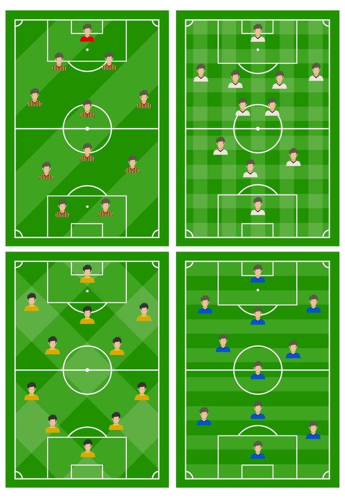 Set of four football fields with a different scheme of players on the field. Soccer field for playing. Vector illustration