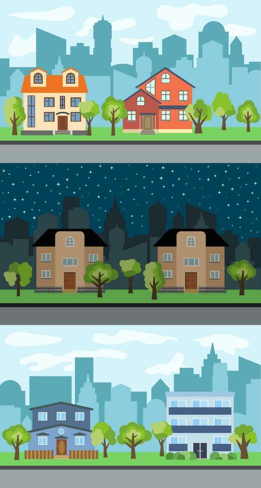 Set of three vector illustrations of city street with cartoon houses and trees. Summer urban landscape. Street view with cityscape on a background