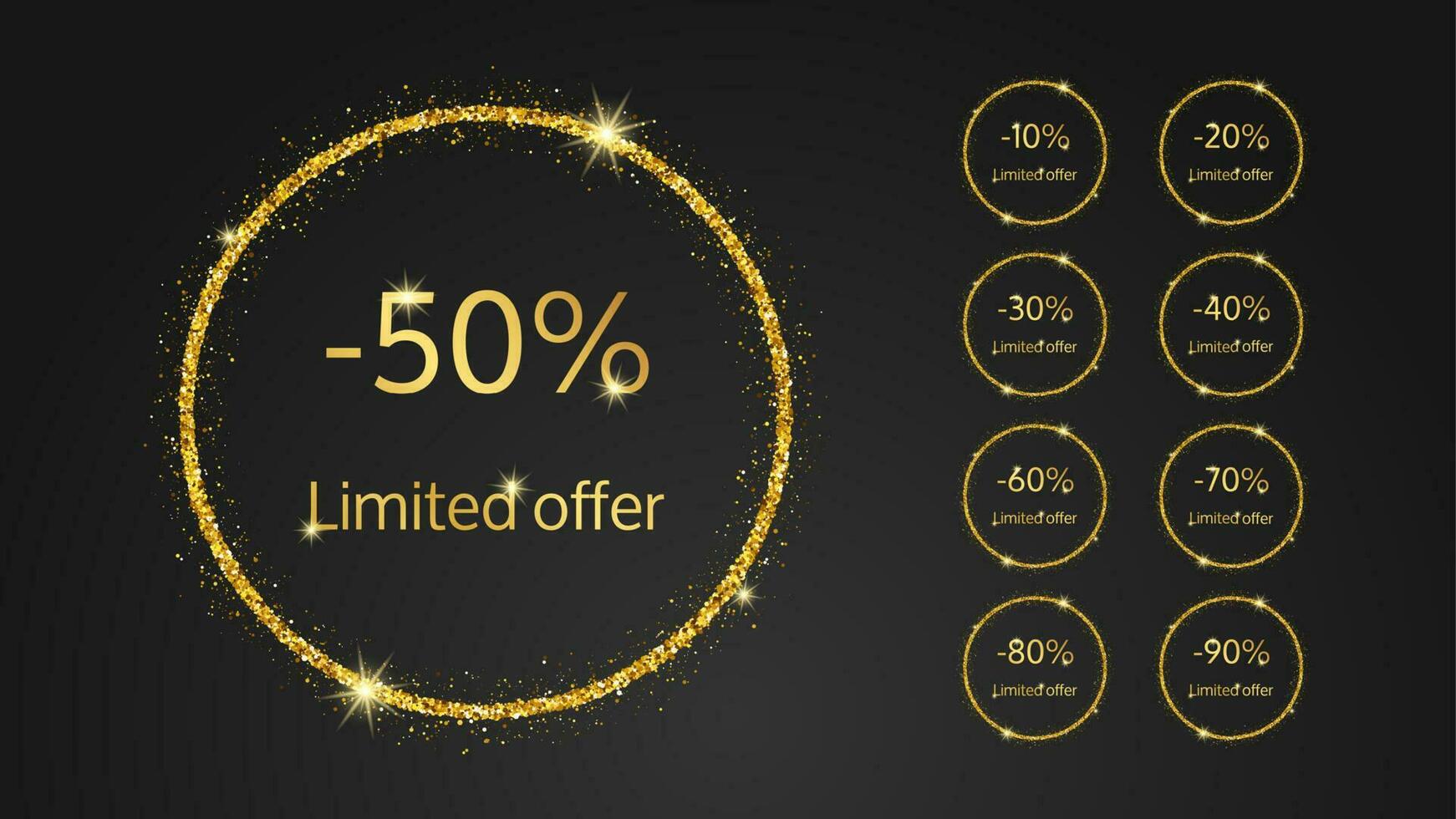 Set of nine limited offer gold banner with different percentages of discounts from 10 to 90. Gold numbers in gold glittering circle on dark background. Vector illustration