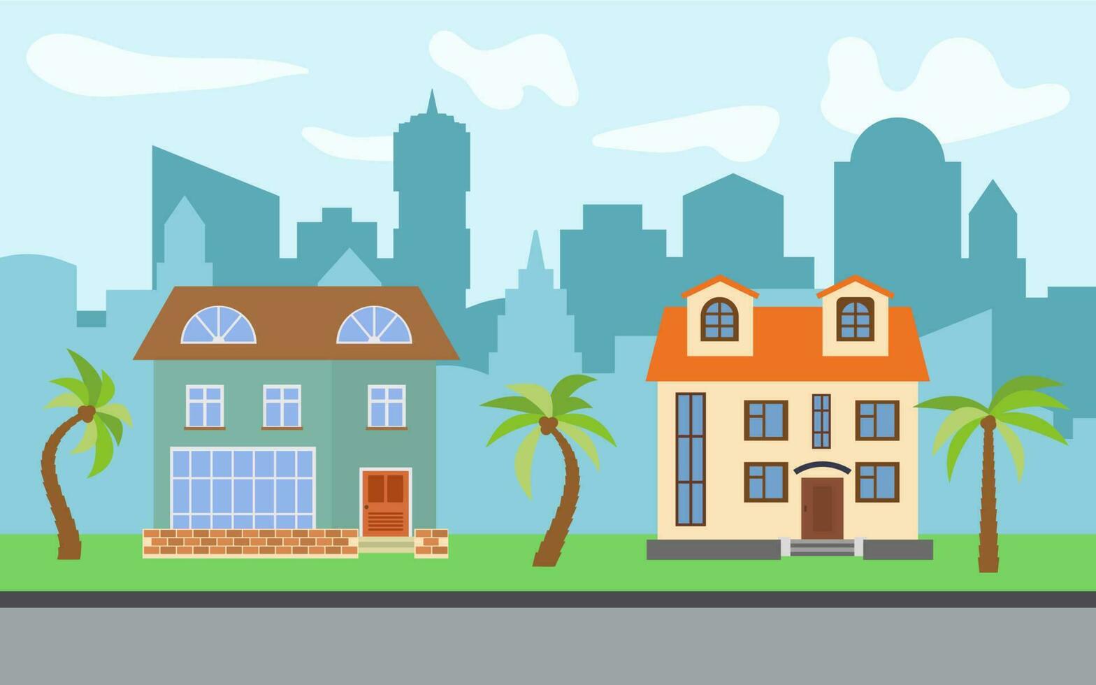Vector city with two two-story cartoon houses and palm trees in the sunny day. Summer urban landscape. Street view with cityscape on a background