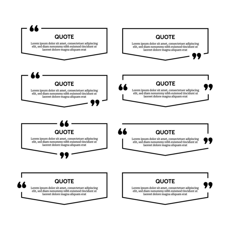 Set of eight black quote box frames isolated on white background. Vector illustration