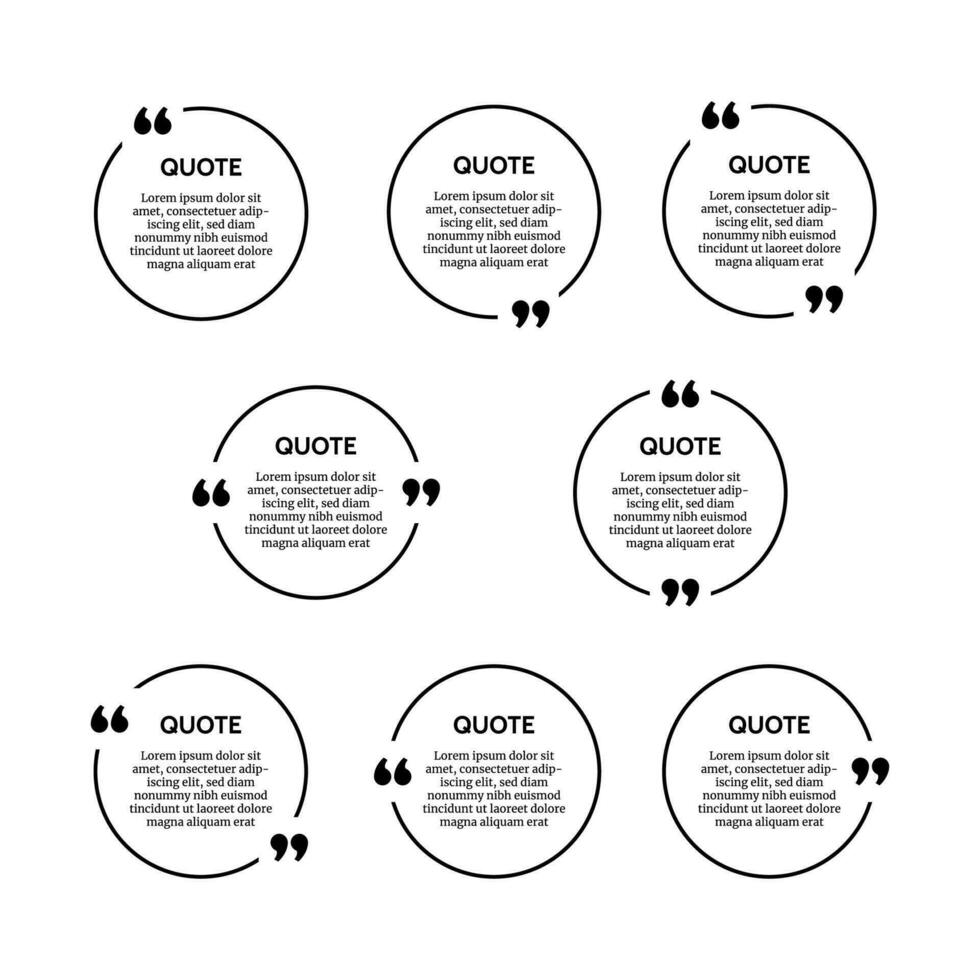 Set of eight black round quote box frames isolated on white background. Vector illustration