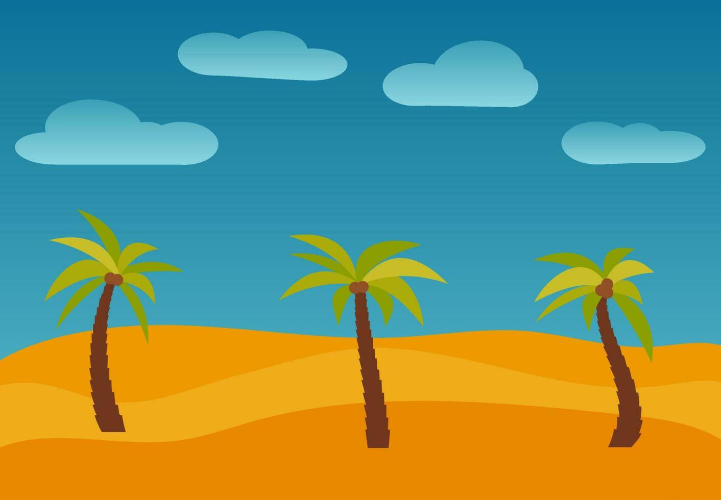 Cartoon nature landscape with three palms in the desert. Vector illustration.