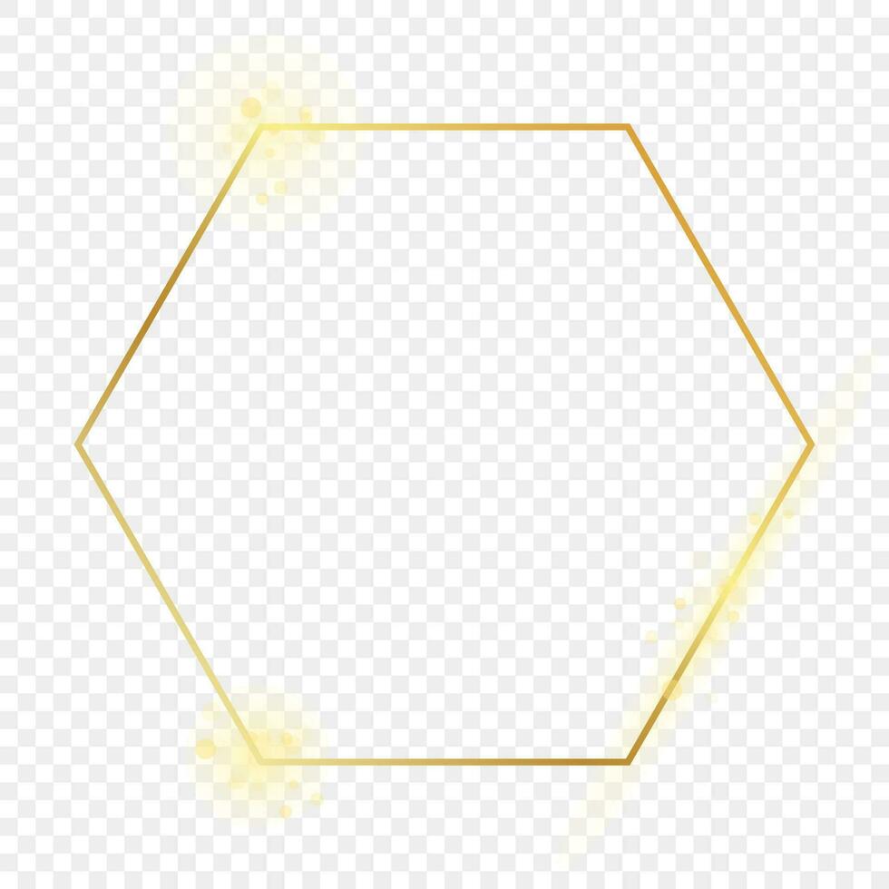 Gold glowing hexagon frame isolated on background. Shiny frame with glowing effects. Vector illustration.