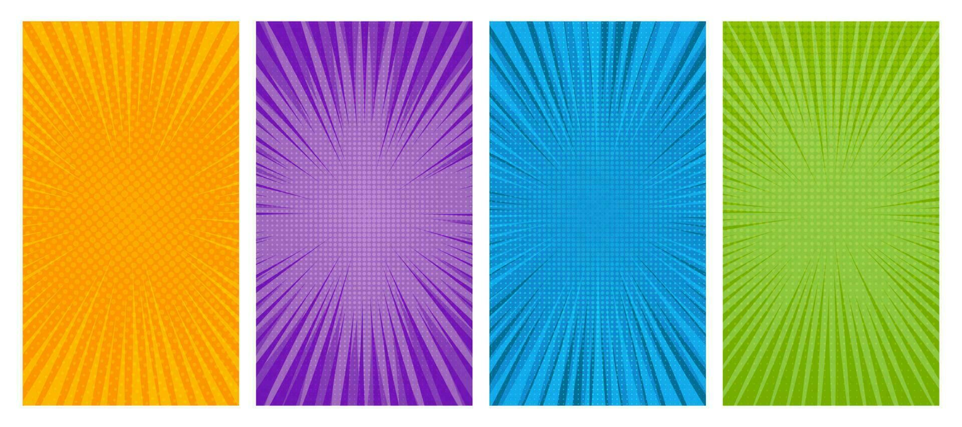 Set of four comic book pages backgrounds in pop art style with empty space. Template with rays, dots and halftone effect texture. Vector illustration