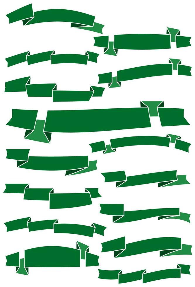 Set of fifteen green cartoon ribbons and banners for web design. Great design element isolated on white background. Vector illustration.