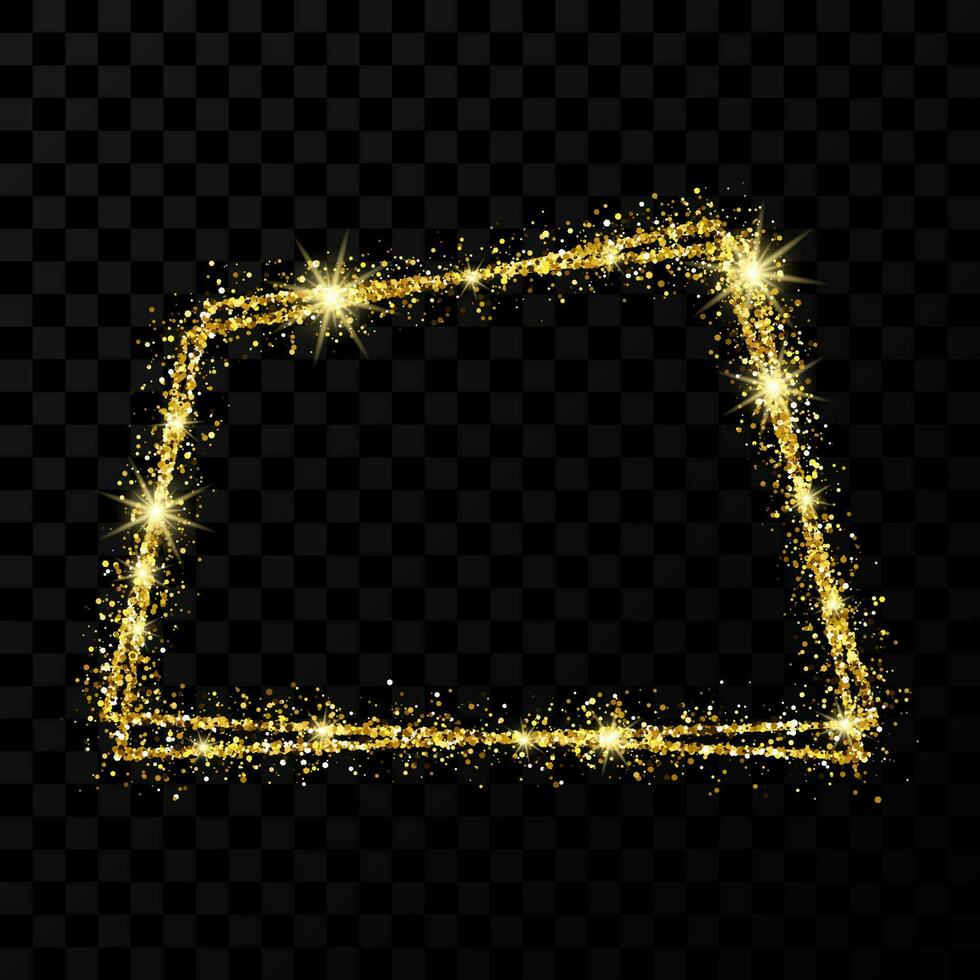 Gold double trapezoid frame. Modern shiny frame with light effects isolated on dark vector