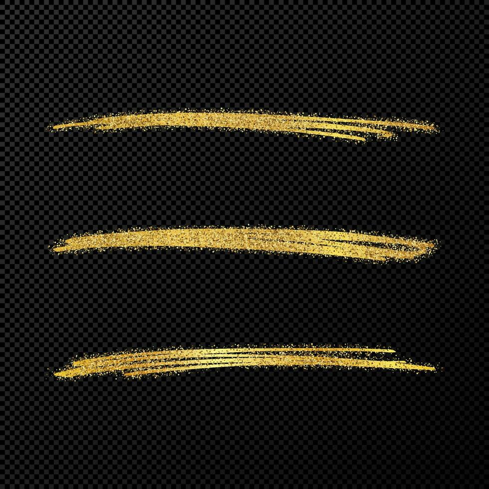 Abstract shiny confetti glittering waves. Set of three hand drawn brush golden strokes on black vector